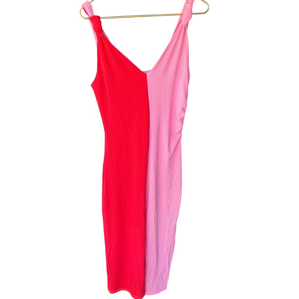 Entro Pink Red Colorblock Ribbed Knit Maxi Dress Sleeveless Medium